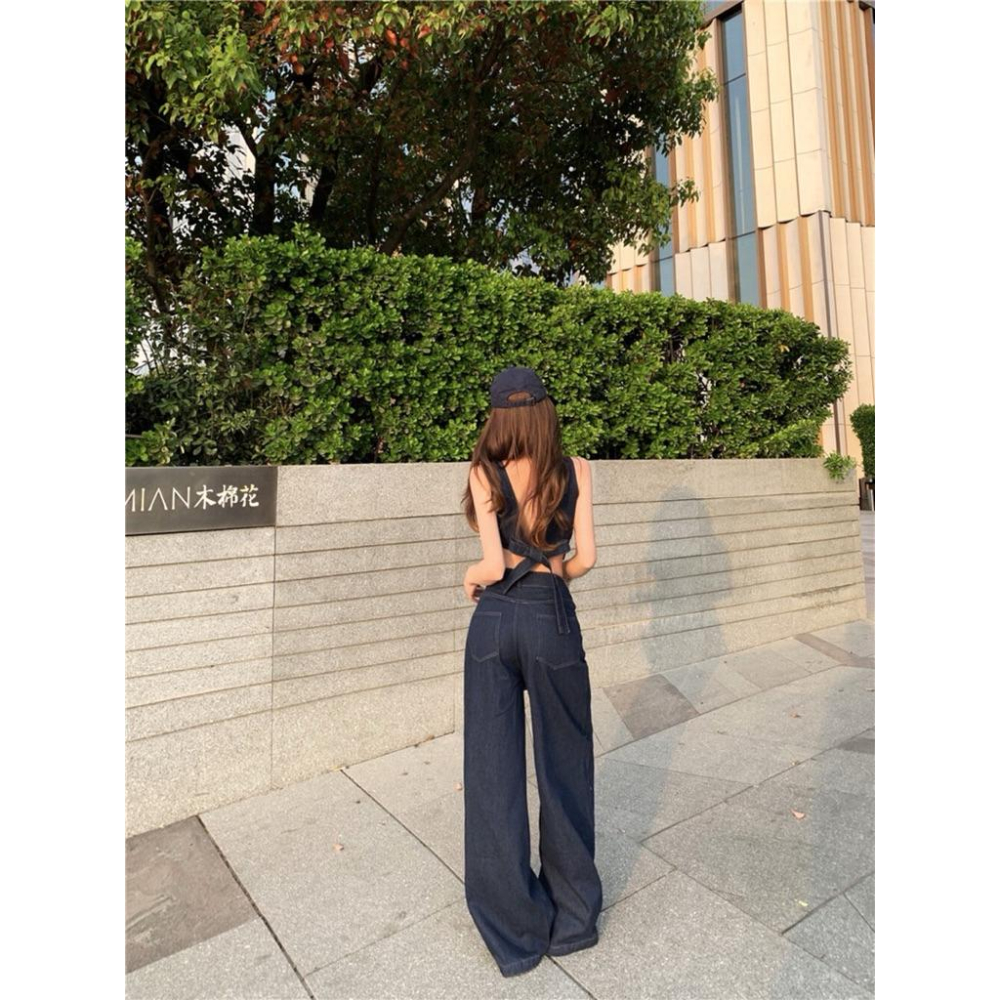 現貨 / 露背綁帶牛仔背心+直筒褲女復古兩件套套裝 5707-細節圖8