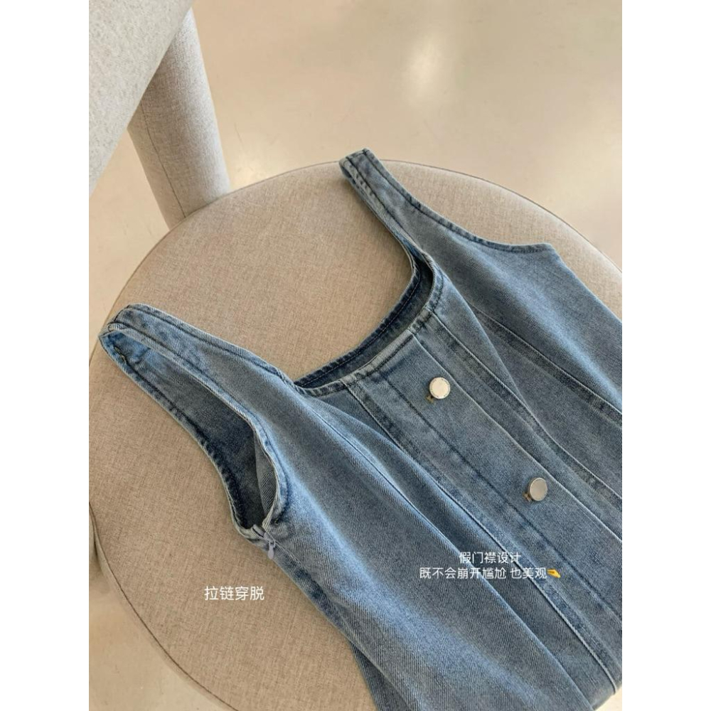 現貨 / 復古牛仔吊帶裙修身顯瘦包臀裙性感連身裙女生洋裝W5490-細節圖5