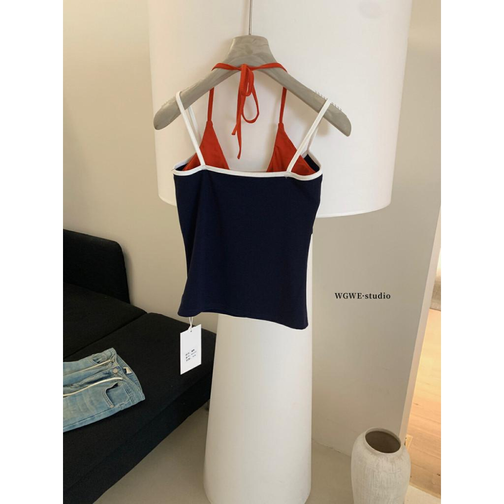 現貨 / 純慾風撞色拚邊修身假兩件掛脖背心吊帶帶胸墊內搭外穿W5532-細節圖5
