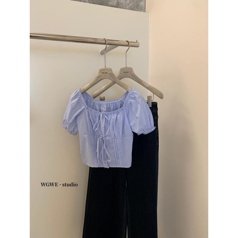 【WGWE】法式純欲性感蝴蝶結短袖襯衫一字領設計感寬松系帶上衣小衫  W3202#  LKZ-細節圖2