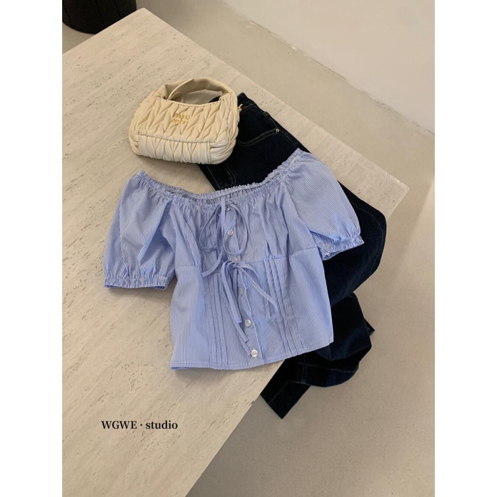 【WGWE】法式純欲性感蝴蝶結短袖襯衫一字領設計感寬松系帶上衣小衫  W3202#  LKZ-細節圖3