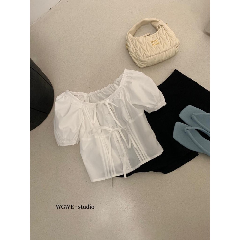 【WGWE】法式純欲性感蝴蝶結短袖襯衫一字領設計感寬松系帶上衣小衫  W3202#  LKZ-細節圖4