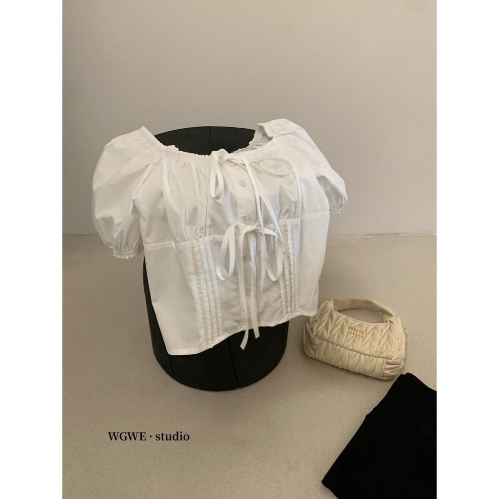 【WGWE】法式純欲性感蝴蝶結短袖襯衫一字領設計感寬松系帶上衣小衫  W3202#  LKZ-細節圖5