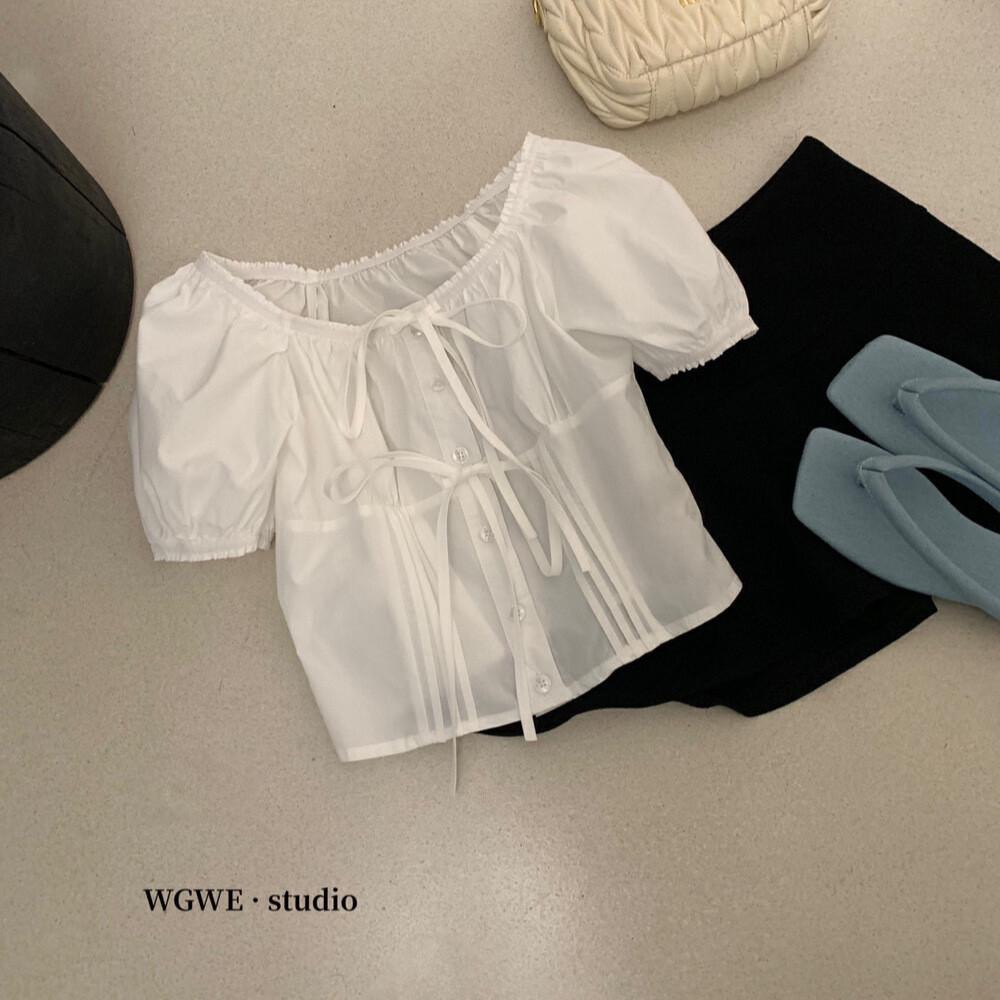 【WGWE】法式純欲性感蝴蝶結短袖襯衫一字領設計感寬松系帶上衣小衫  W3202#  LKZ-細節圖6