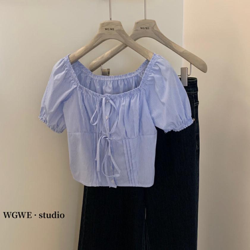 【WGWE】法式純欲性感蝴蝶結短袖襯衫一字領設計感寬松系帶上衣小衫  W3202#  LKZ-細節圖7