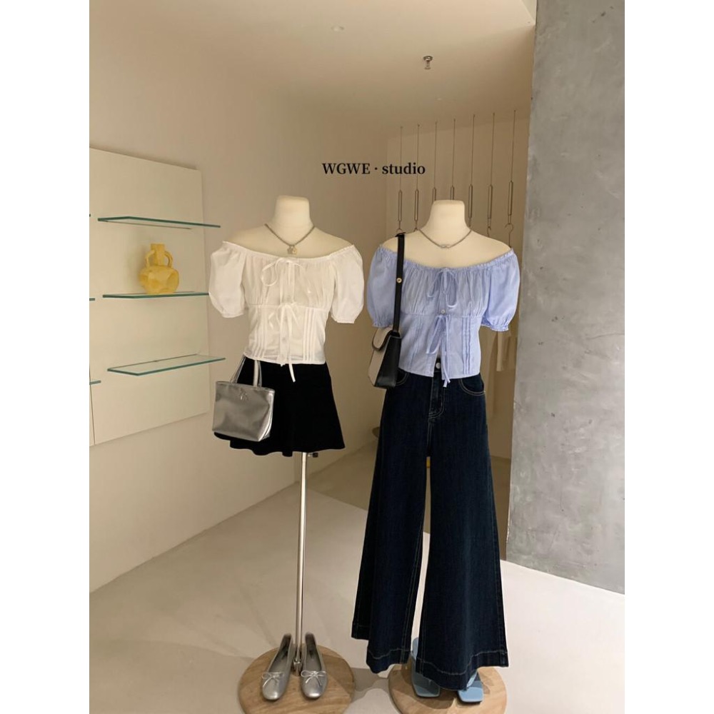 【WGWE】法式純欲性感蝴蝶結短袖襯衫一字領設計感寬松系帶上衣小衫  W3202#  LKZ-細節圖9