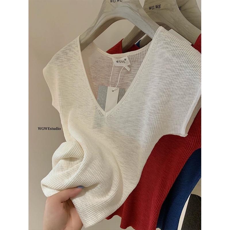 【WGWE】Basic系列通勤v領針織小衫女新款短袖休閒時尚針織衫W3482#LKZ-細節圖2