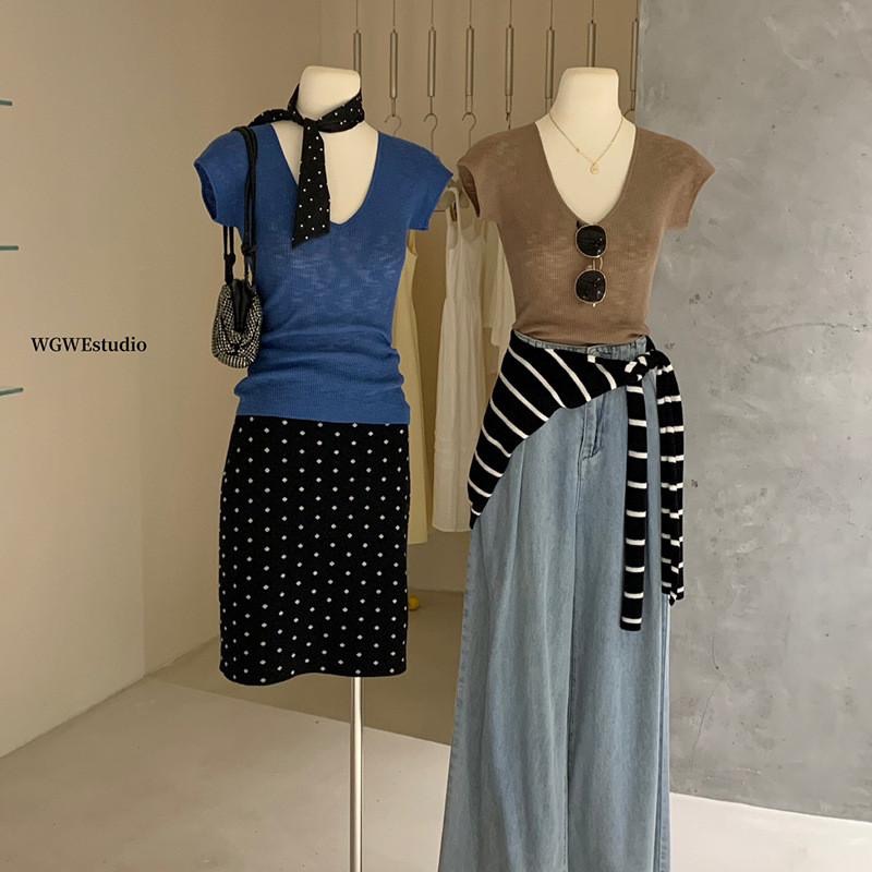 【WGWE】Basic系列通勤v領針織小衫女新款短袖休閒時尚針織衫W3482#LKZ-細節圖4