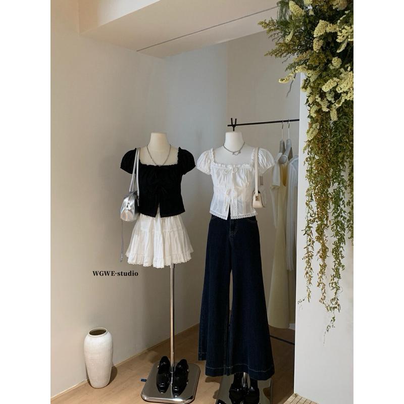 蕾絲方領短款泡泡袖夏季設計蝴蝶上衣  W3875#  GLP-細節圖2