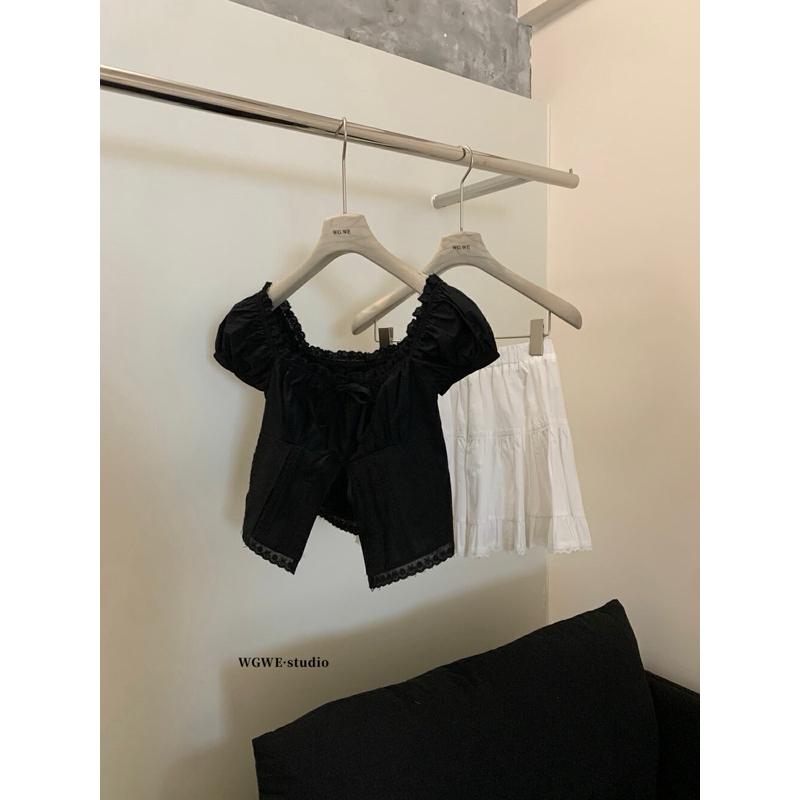 蕾絲方領短款泡泡袖夏季設計蝴蝶上衣  W3875#  GLP-細節圖5