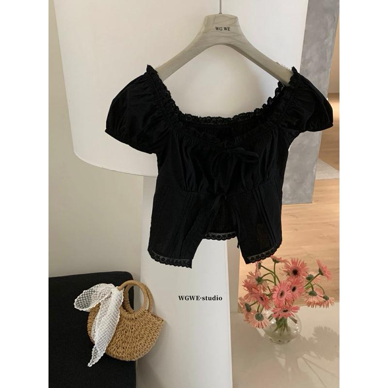 蕾絲方領短款泡泡袖夏季設計蝴蝶上衣  W3875#  GLP-細節圖6