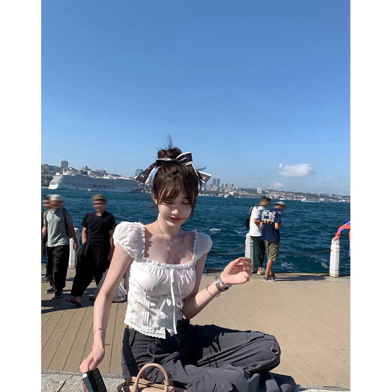 蕾絲方領短款泡泡袖夏季設計蝴蝶上衣  W3875#  GLP-細節圖7