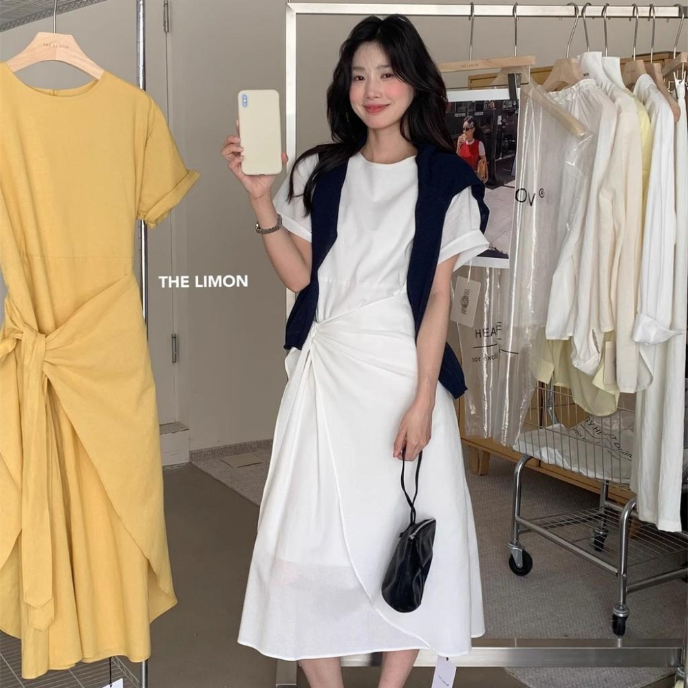 THE LEMON檸檬綠茶2025夏季法式高級感綁帶連衣裙收腰顯瘦中長裙/ 女生套裝-細節圖2