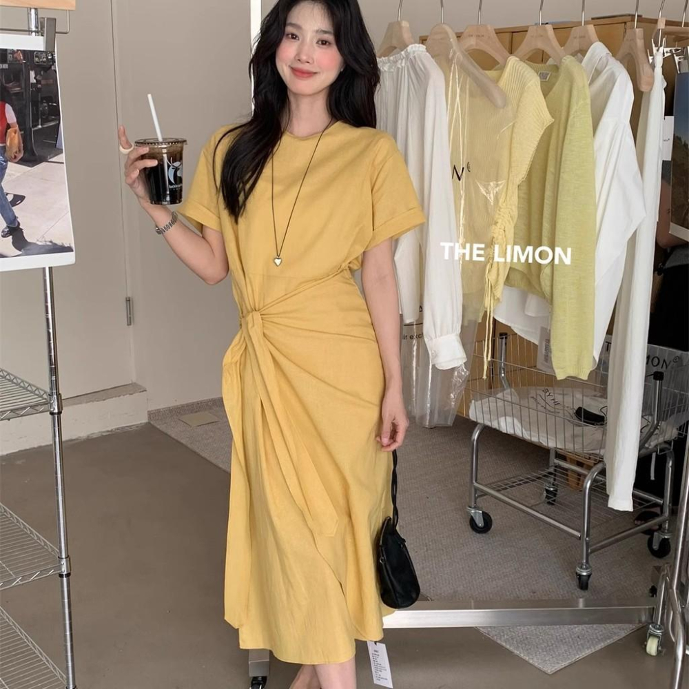 THE LEMON檸檬綠茶2025夏季法式高級感綁帶連衣裙收腰顯瘦中長裙/ 女生套裝-細節圖3