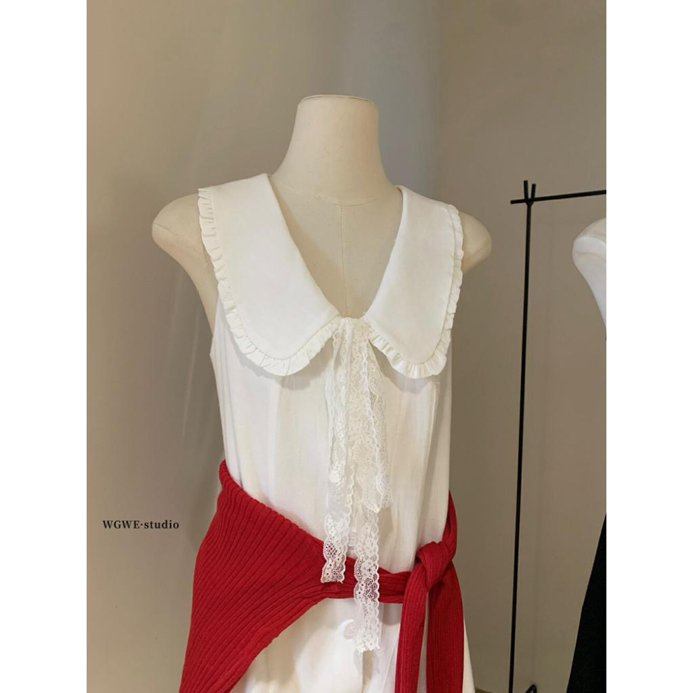 WGWE大花邊法式甜美少女感翻領小收腰無袖連衣裙連衣裙A字裙 女生洋裝 W5869-細節圖2