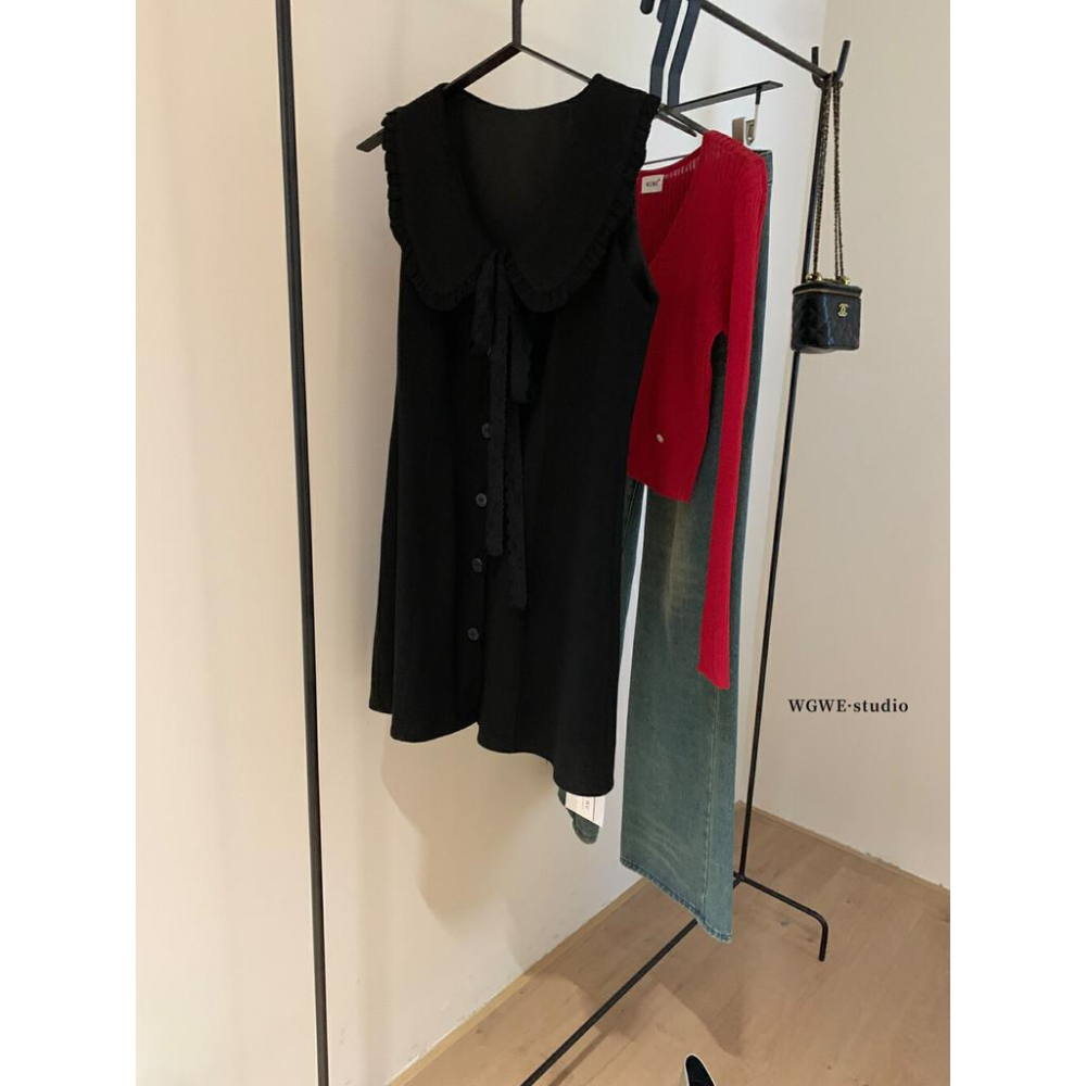 WGWE大花邊法式甜美少女感翻領小收腰無袖連衣裙連衣裙A字裙 女生洋裝 W5869-細節圖4