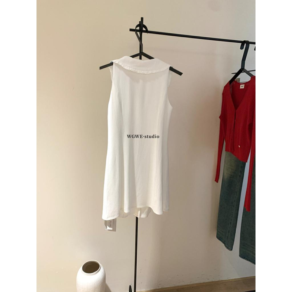 WGWE大花邊法式甜美少女感翻領小收腰無袖連衣裙連衣裙A字裙 女生洋裝 W5869-細節圖5