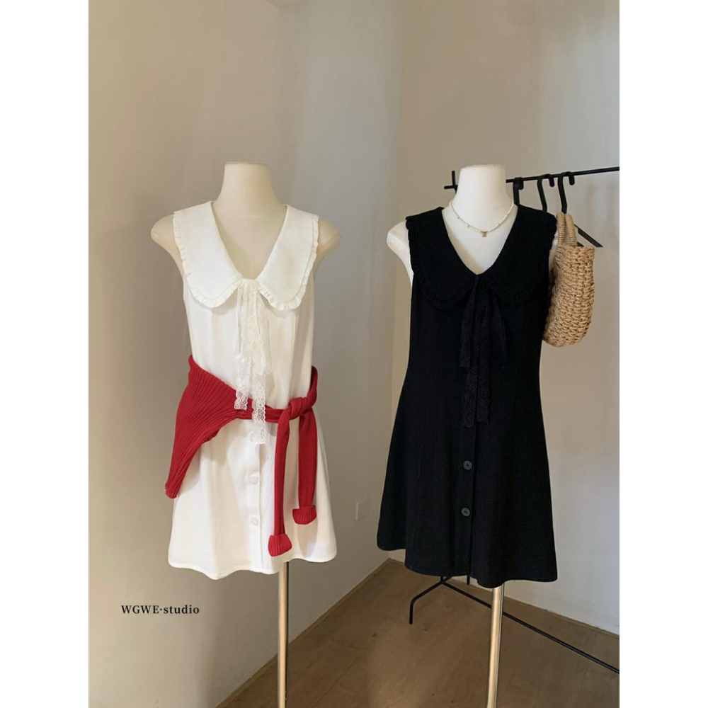 WGWE大花邊法式甜美少女感翻領小收腰無袖連衣裙連衣裙A字裙 女生洋裝 W5869-細節圖8