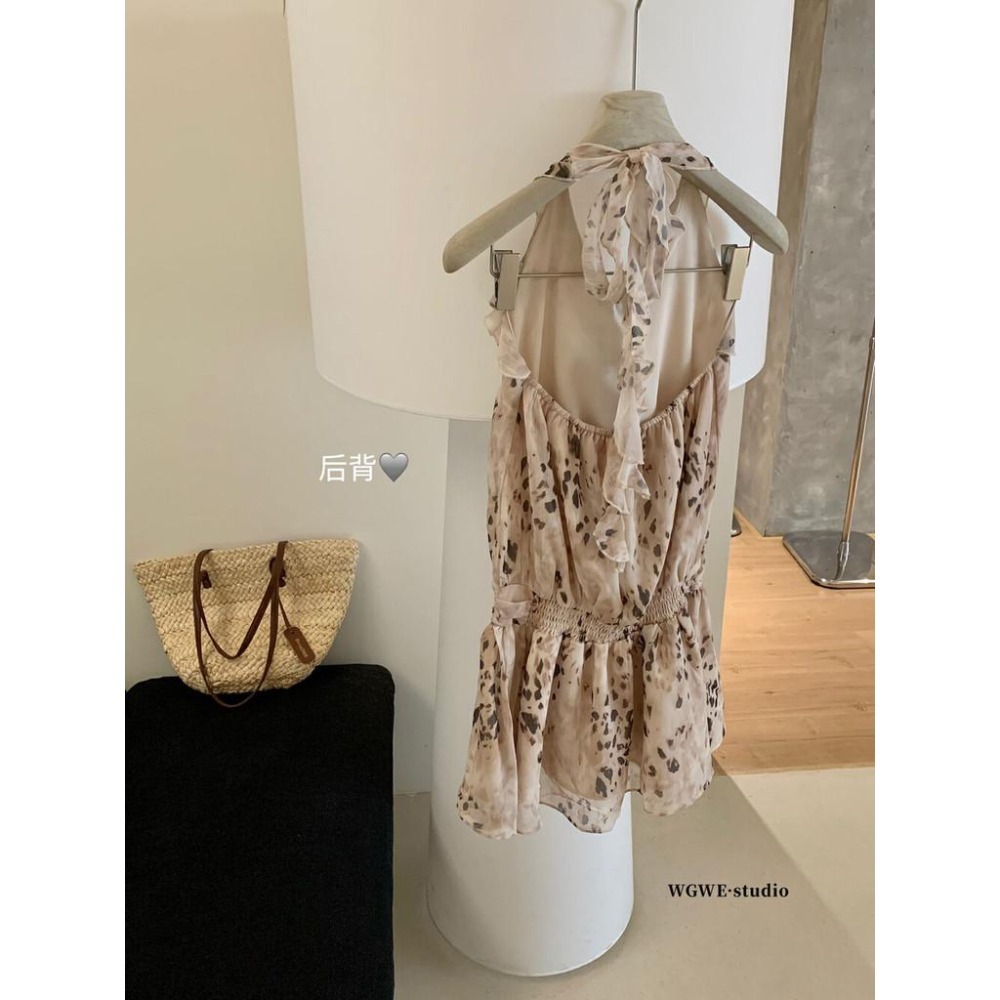美式辣妹豹紋荷葉邊吊帶花苞裙新款度假風V領連衣裙女W5509-細節圖5