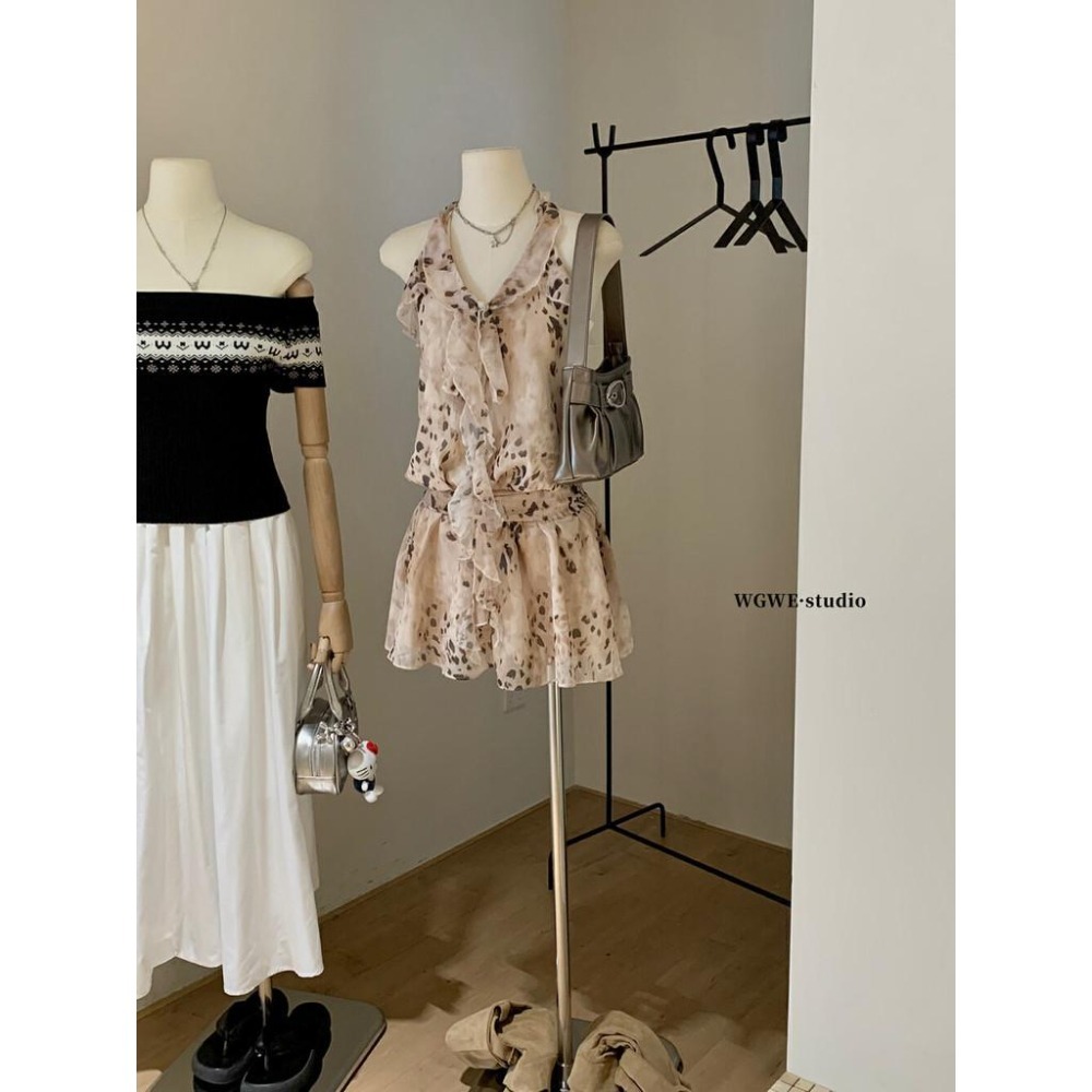 美式辣妹豹紋荷葉邊吊帶花苞裙新款度假風V領連衣裙女W5509-細節圖7