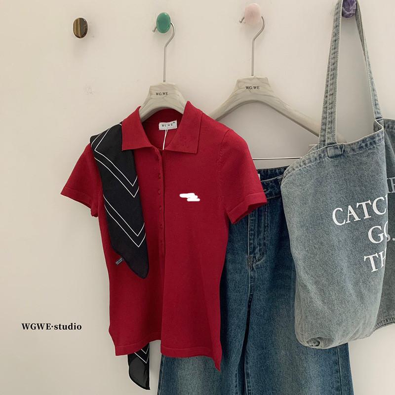 黃3829美式正肩翻領針織衫早鞦純色小標修身短袖上衣-細節圖2