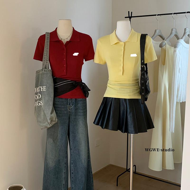 黃3829美式正肩翻領針織衫早鞦純色小標修身短袖上衣-細節圖4