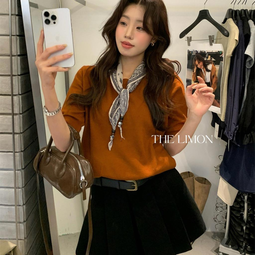 819 THE LIMON檸檬綠茶2025鞦季氣質通懃簡約短袖絲巾針織衫(配絲巾)-細節圖2
