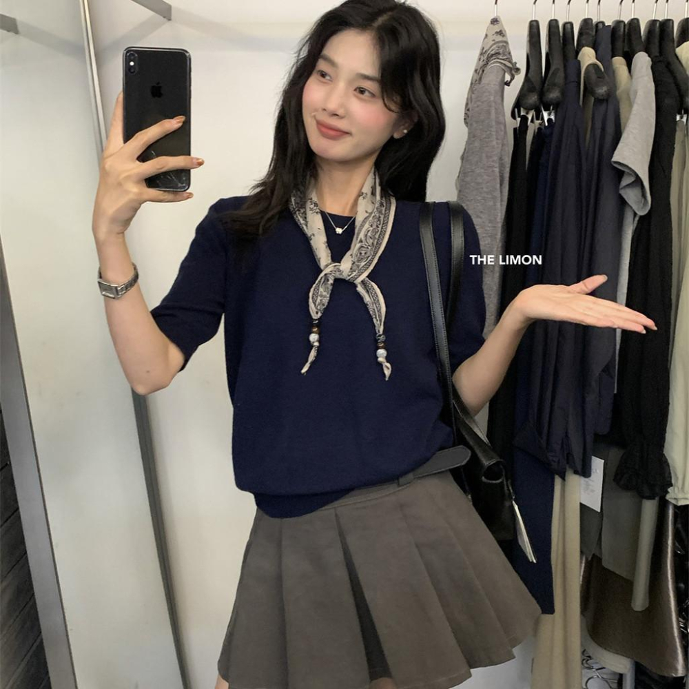 819 THE LIMON檸檬綠茶2025鞦季氣質通懃簡約短袖絲巾針織衫(配絲巾)-細節圖4