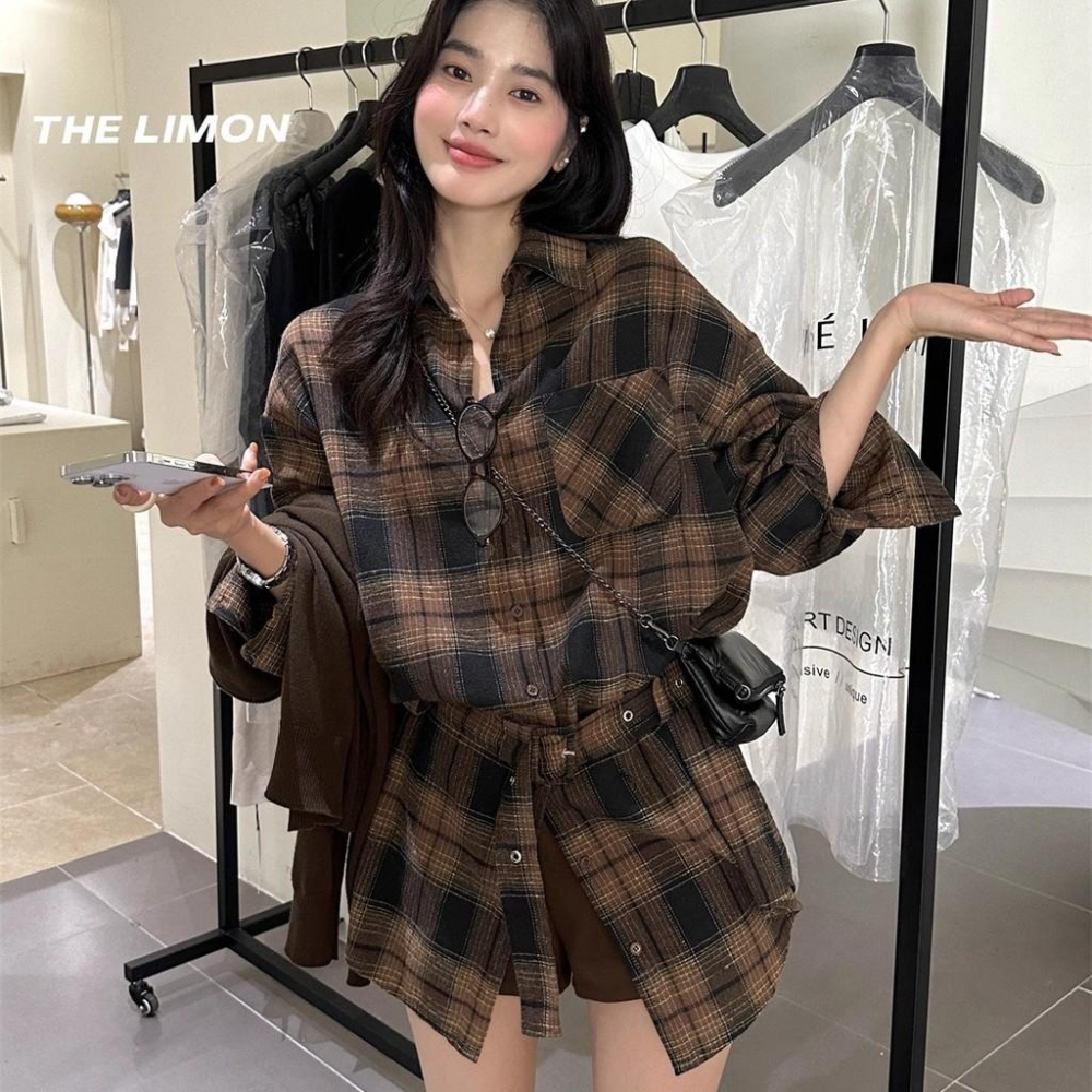 819 THE LIMON檸檬綠茶2025鞦季複古設計感腰帶磨毛格紋襯衫(配腰帶）-細節圖2