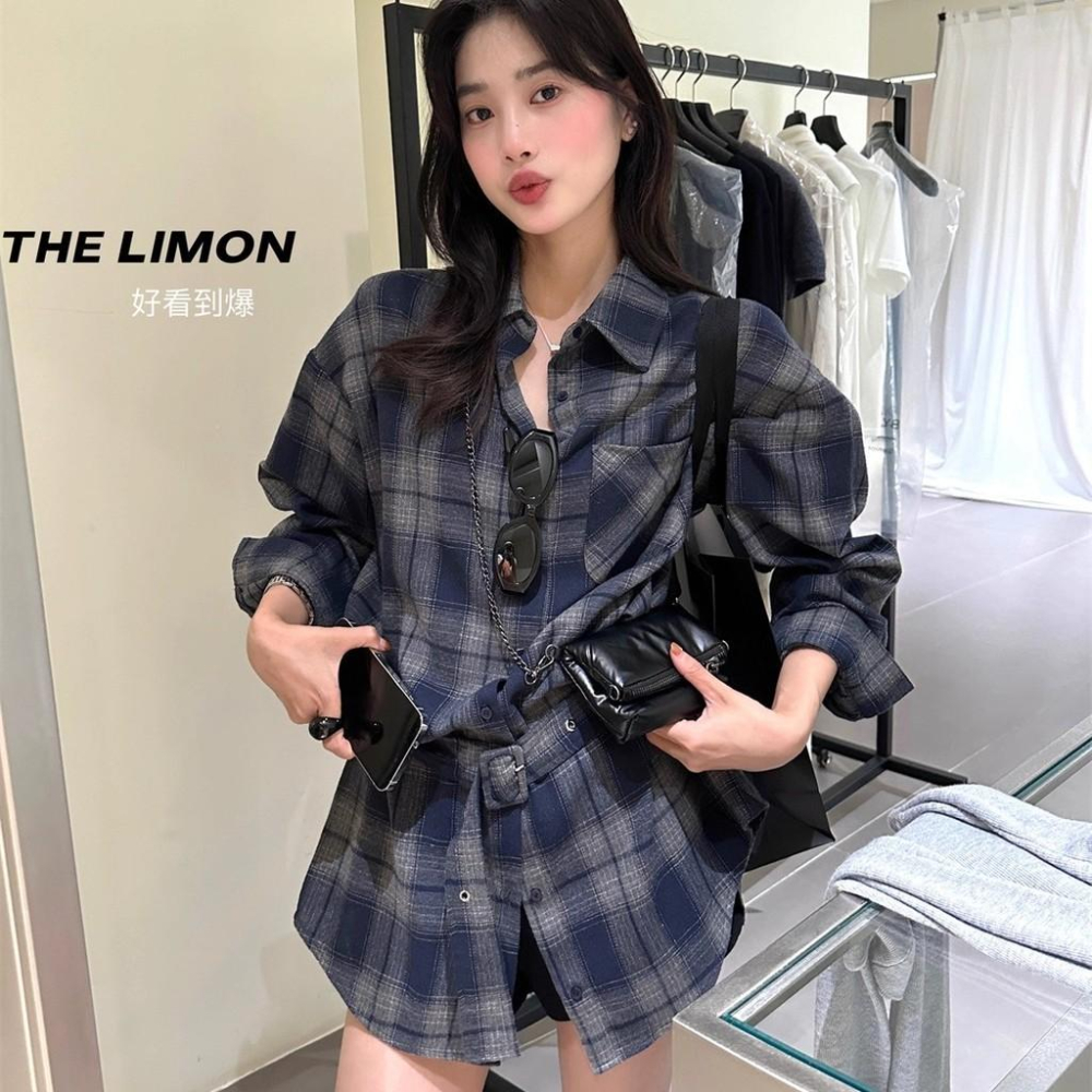 819 THE LIMON檸檬綠茶2025鞦季複古設計感腰帶磨毛格紋襯衫(配腰帶）-細節圖3