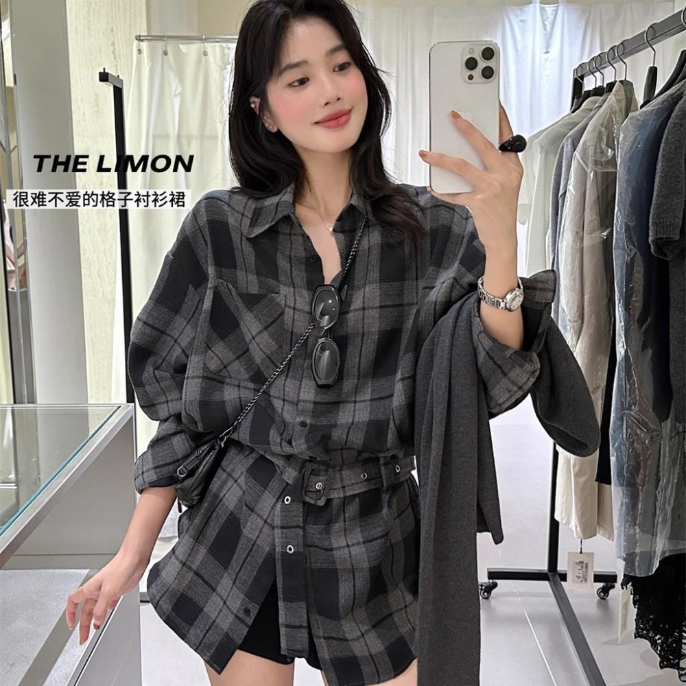 819 THE LIMON檸檬綠茶2025鞦季複古設計感腰帶磨毛格紋襯衫(配腰帶）-細節圖4