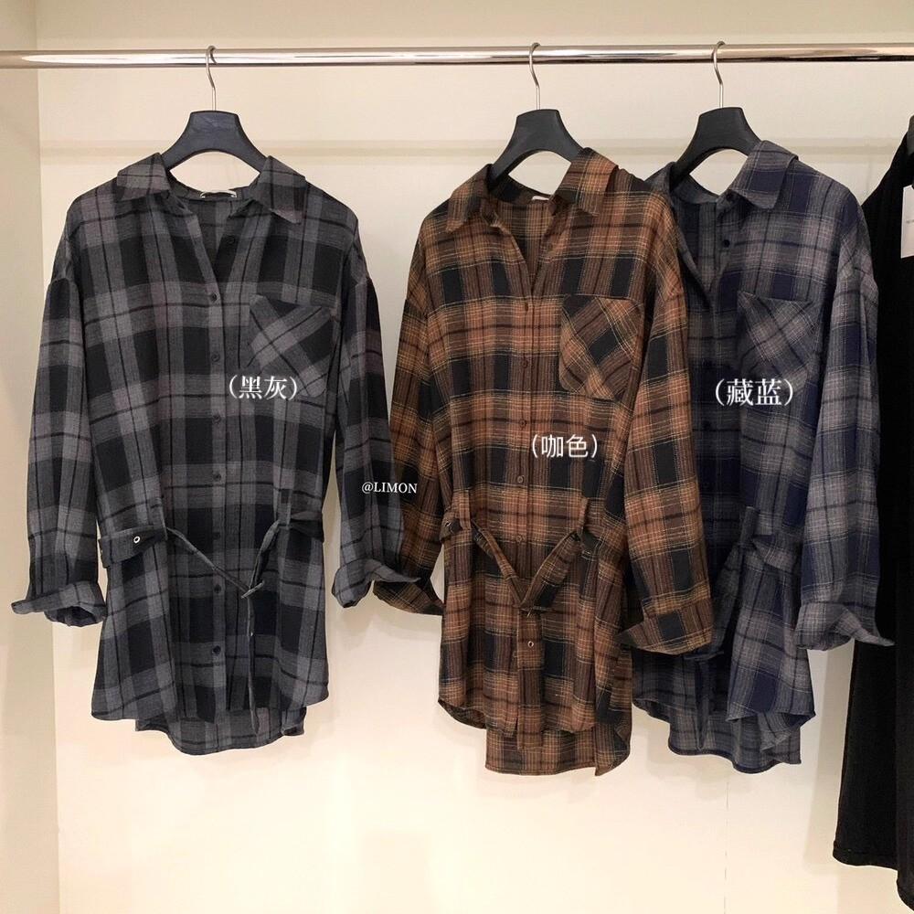 819 THE LIMON檸檬綠茶2025鞦季複古設計感腰帶磨毛格紋襯衫(配腰帶）-細節圖5