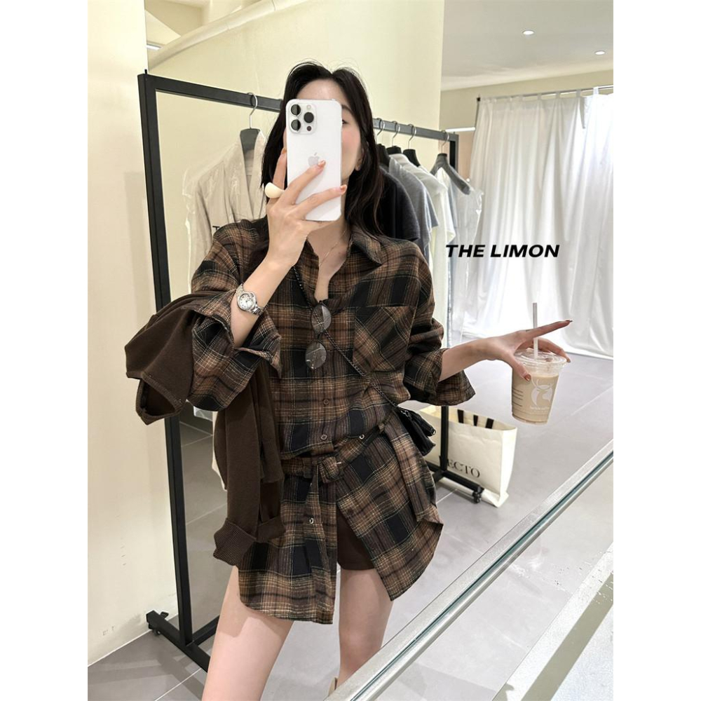 819 THE LIMON檸檬綠茶2025鞦季複古設計感腰帶磨毛格紋襯衫(配腰帶）-細節圖6