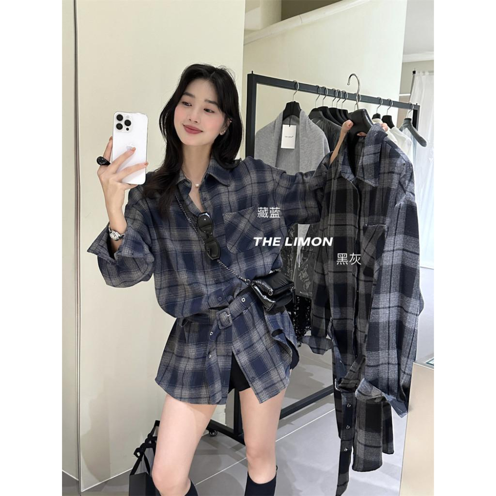 819 THE LIMON檸檬綠茶2025鞦季複古設計感腰帶磨毛格紋襯衫(配腰帶）-細節圖7