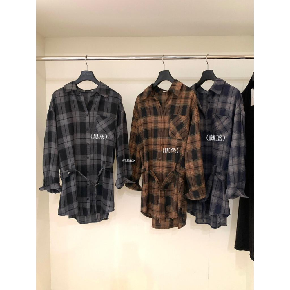 819 THE LIMON檸檬綠茶2025鞦季複古設計感腰帶磨毛格紋襯衫(配腰帶）-細節圖9
