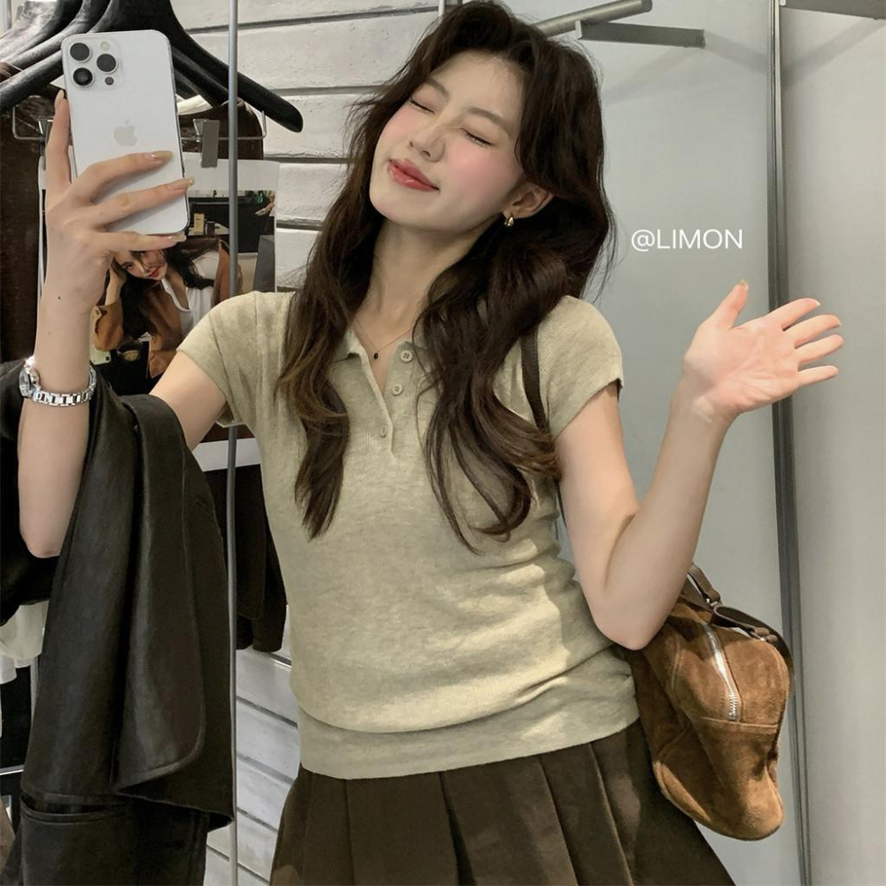 819 THE LIMON檸檬綠茶2025鞦季新款韓版翻領短袖針織衫百搭POLO上衣-細節圖2