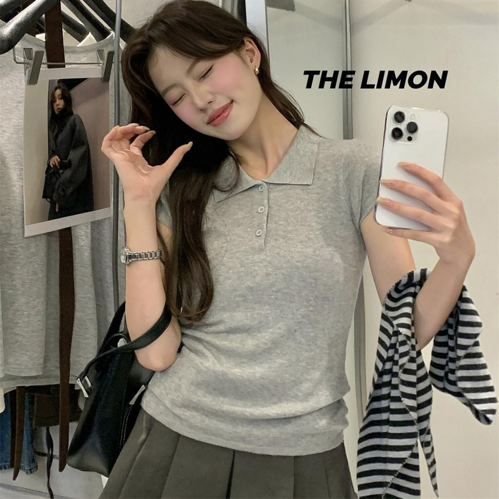 819 THE LIMON檸檬綠茶2025鞦季新款韓版翻領短袖針織衫百搭POLO上衣-細節圖3