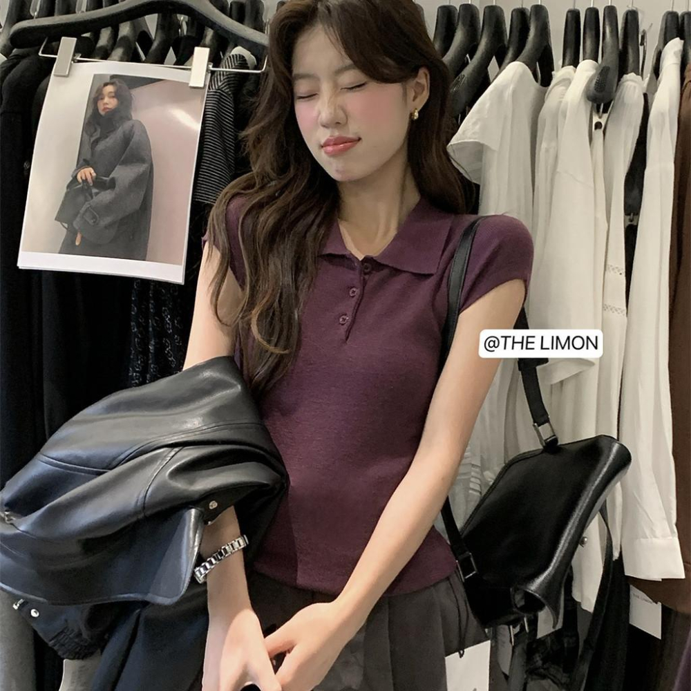 819 THE LIMON檸檬綠茶2025鞦季新款韓版翻領短袖針織衫百搭POLO上衣-細節圖4