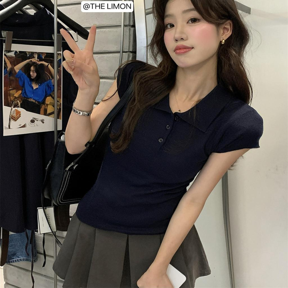 819 THE LIMON檸檬綠茶2025鞦季新款韓版翻領短袖針織衫百搭POLO上衣-細節圖5