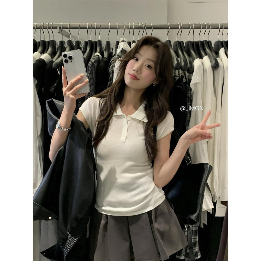 819 THE LIMON檸檬綠茶2025鞦季新款韓版翻領短袖針織衫百搭POLO上衣-細節圖6