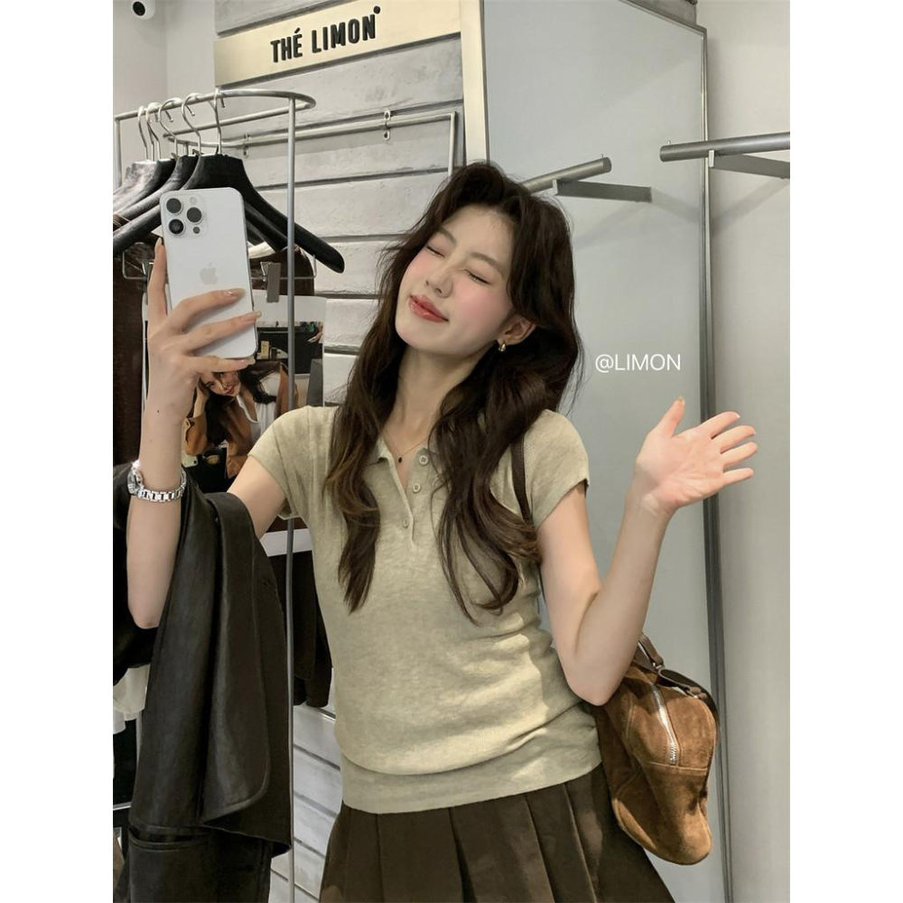 819 THE LIMON檸檬綠茶2025鞦季新款韓版翻領短袖針織衫百搭POLO上衣-細節圖7