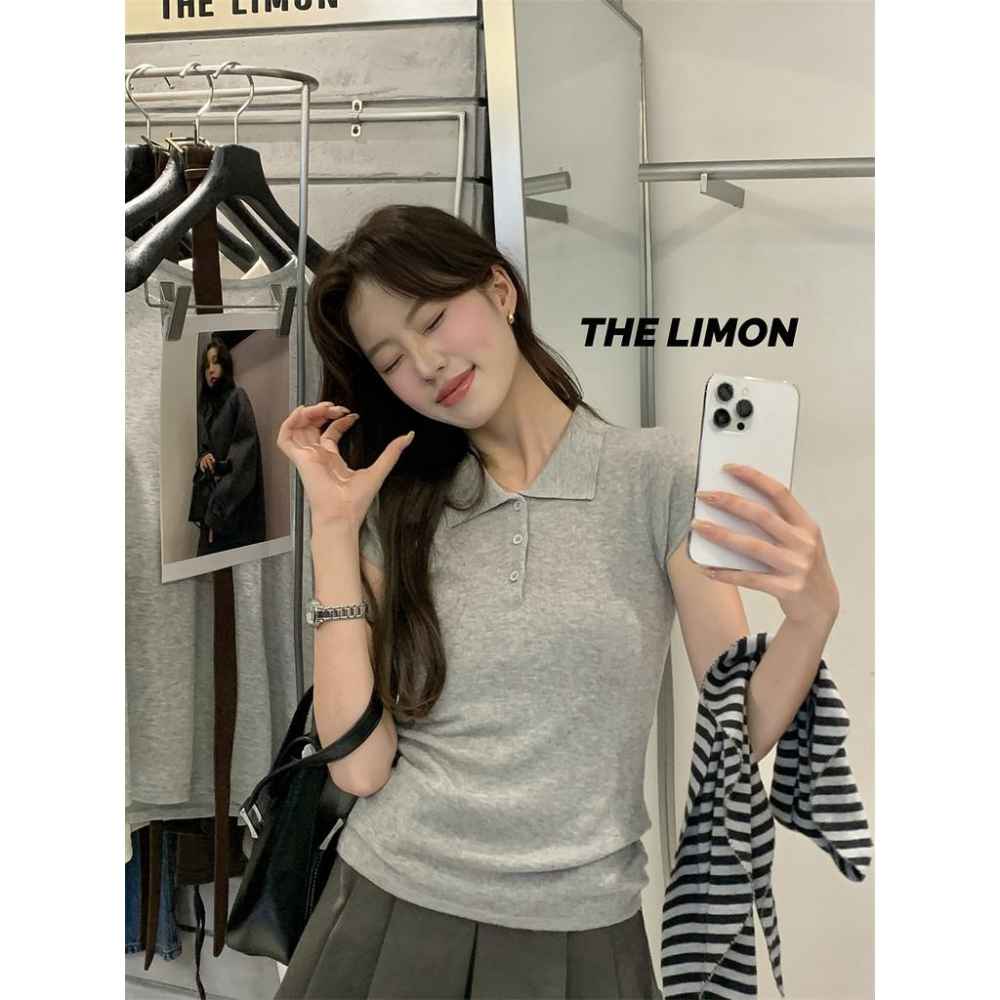 819 THE LIMON檸檬綠茶2025鞦季新款韓版翻領短袖針織衫百搭POLO上衣-細節圖8