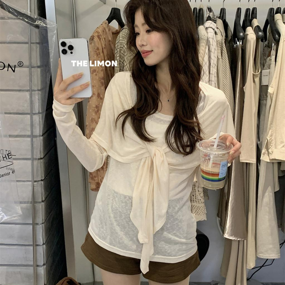 819 THE LIMON檸檬綠茶2025鞦季法式小衆針織衫長袖T恤+披肩兩件套女-細節圖2