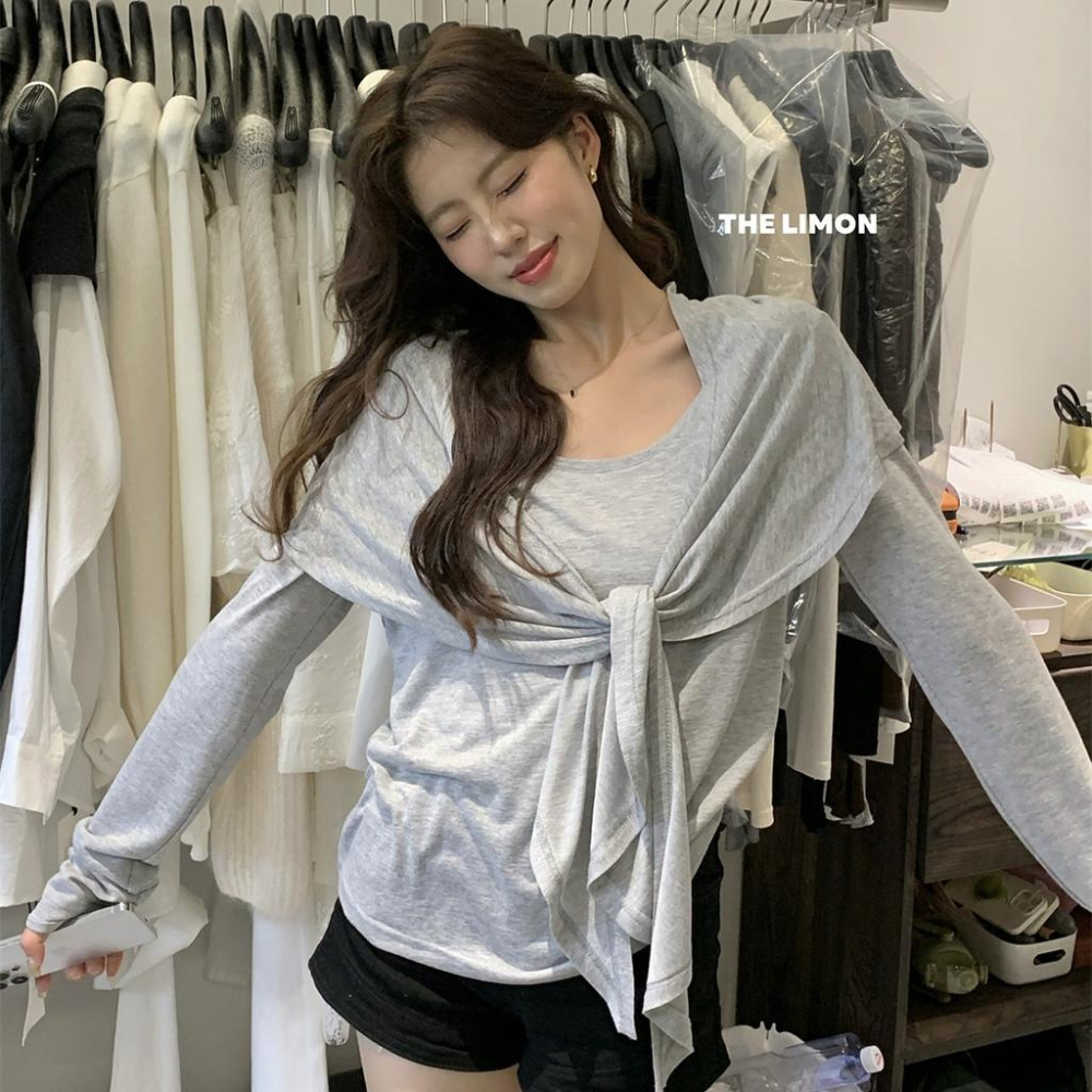 819 THE LIMON檸檬綠茶2025鞦季法式小衆針織衫長袖T恤+披肩兩件套女-細節圖3