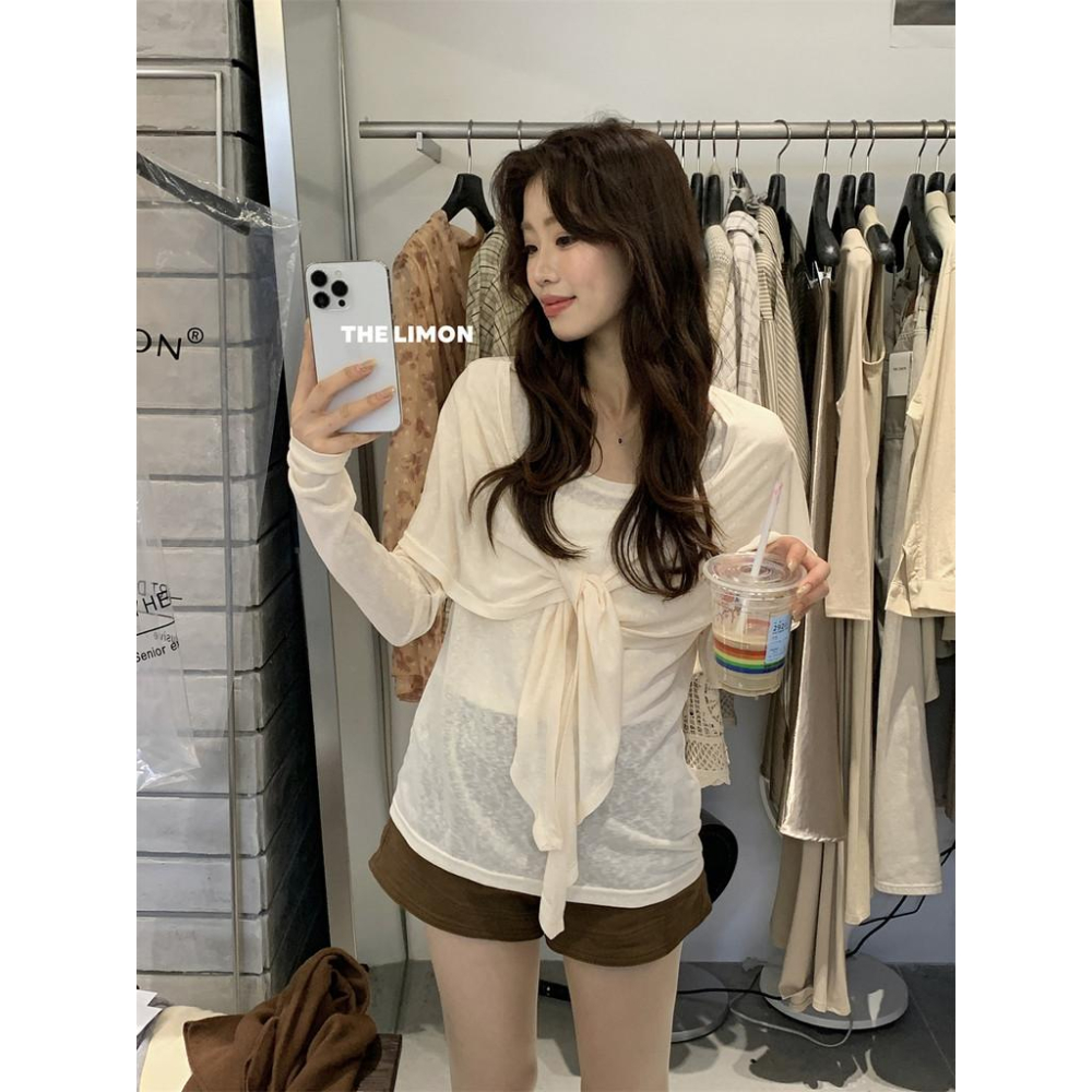 819 THE LIMON檸檬綠茶2025鞦季法式小衆針織衫長袖T恤+披肩兩件套女-細節圖7