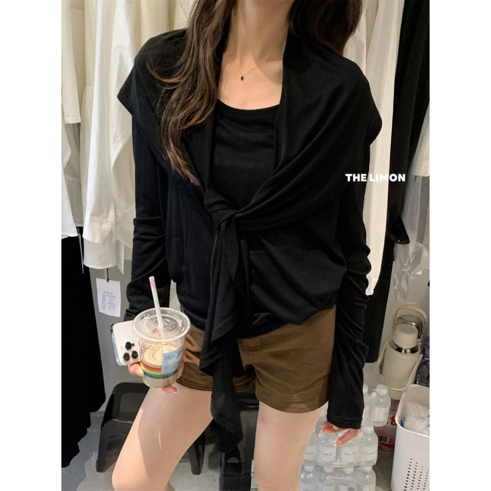 819 THE LIMON檸檬綠茶2025鞦季法式小衆針織衫長袖T恤+披肩兩件套女-細節圖9