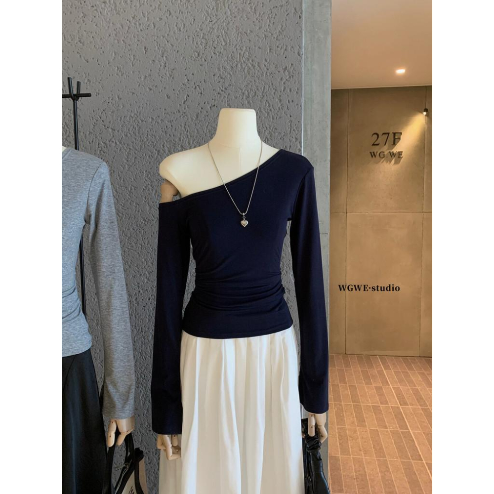 819 WGWE韓係純慾風辣妹露肩斜肩針織衫百搭減齡修身顯瘦長袖T恤W6947-細節圖2