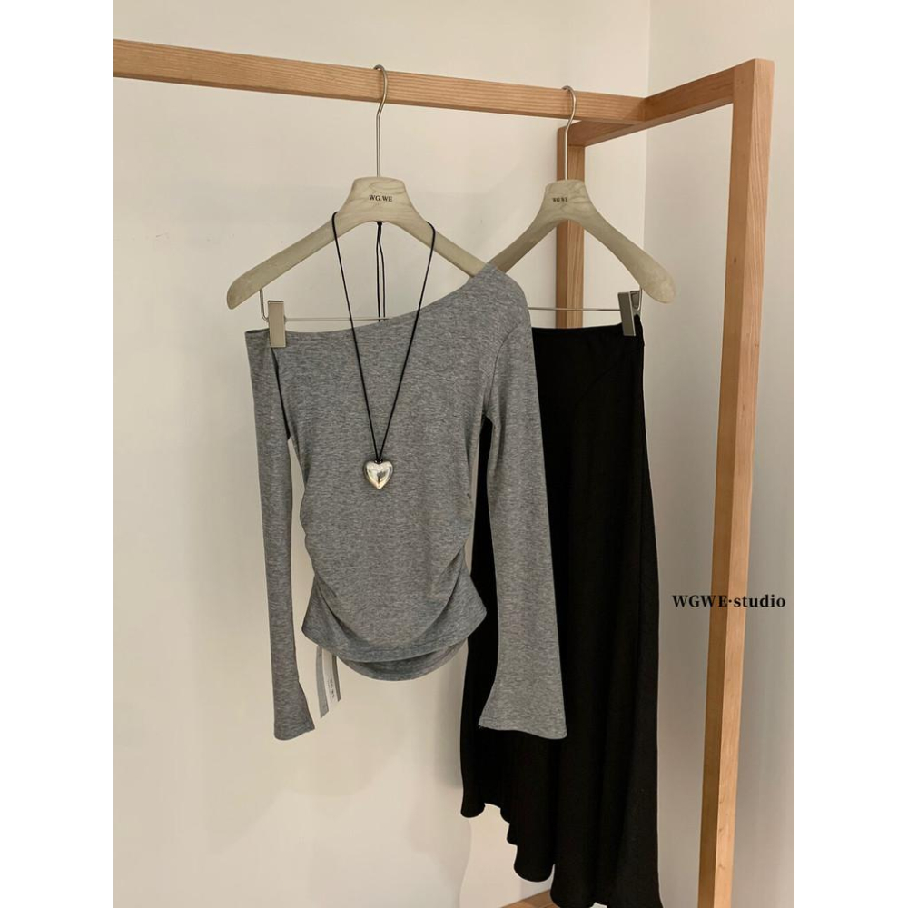 819 WGWE韓係純慾風辣妹露肩斜肩針織衫百搭減齡修身顯瘦長袖T恤W6947-細節圖5