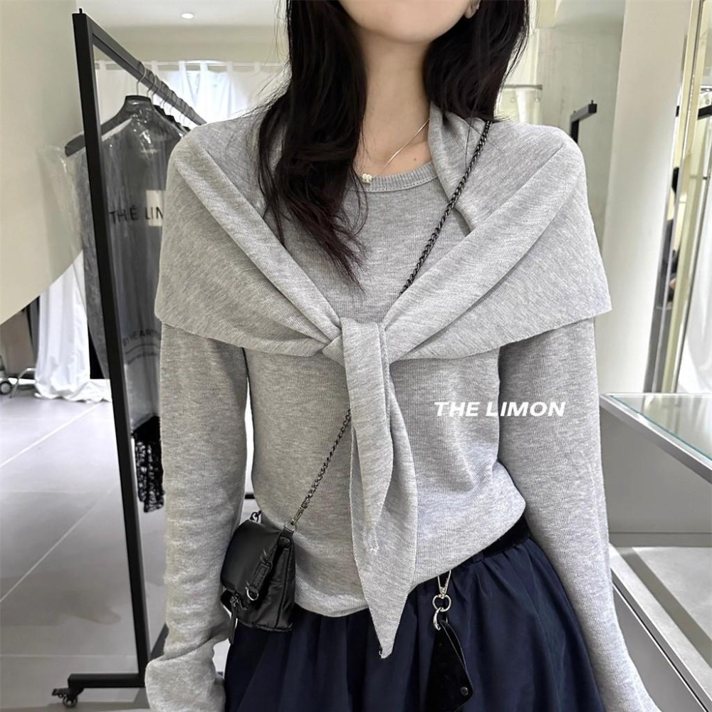 819 THE LIMON檸檬綠茶2025鞦季氣質寬鬆圓領長袖針織衫披肩兩件套女-細節圖2