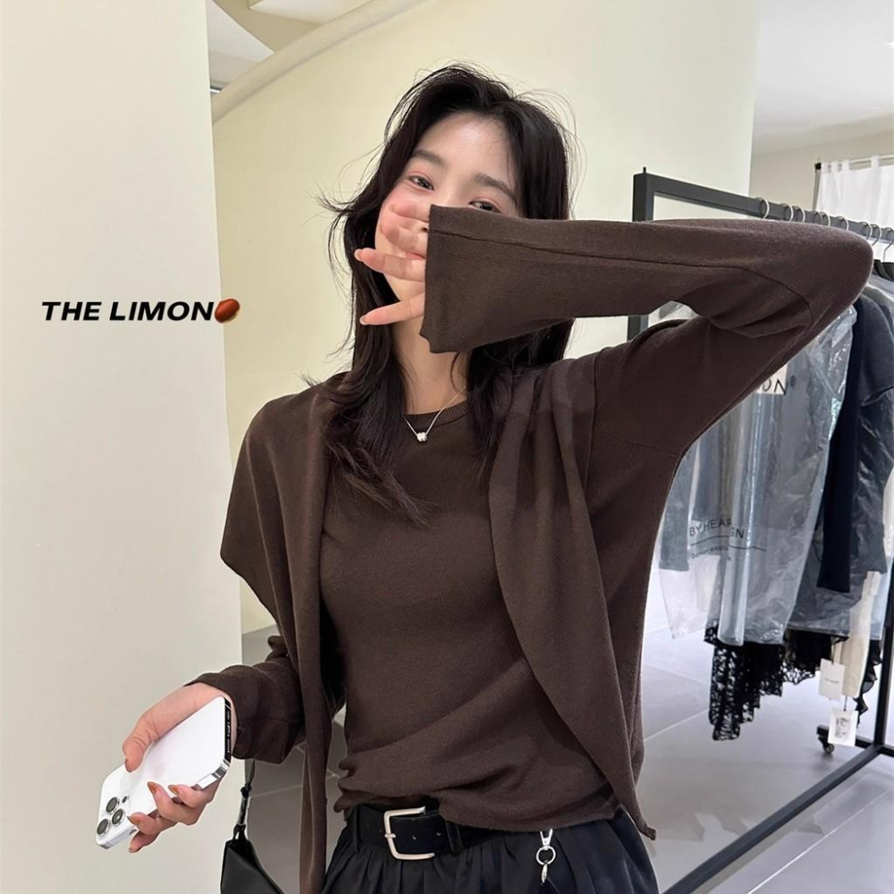 819 THE LIMON檸檬綠茶2025鞦季氣質寬鬆圓領長袖針織衫披肩兩件套女-細節圖4